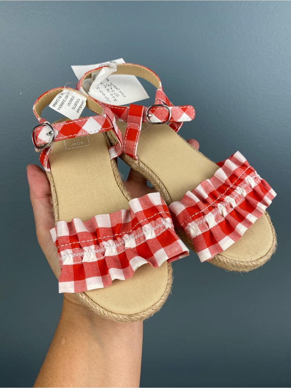 NWT JANIE & JACK red white gingham sandals shoes red Sz 8 espadrilles